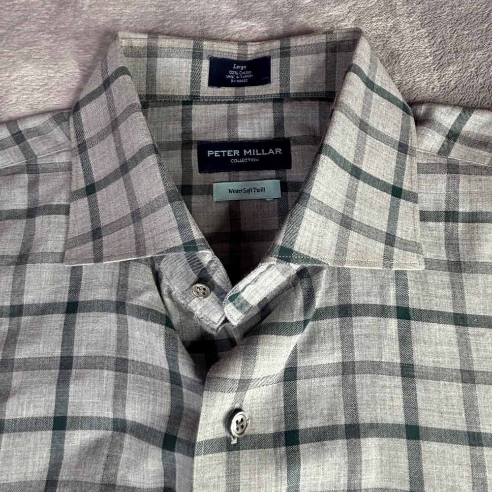 Peter Millar Shirt Mens Large Grey Green Plaid Winter Soft Twill L button up - Picture 10 of 12